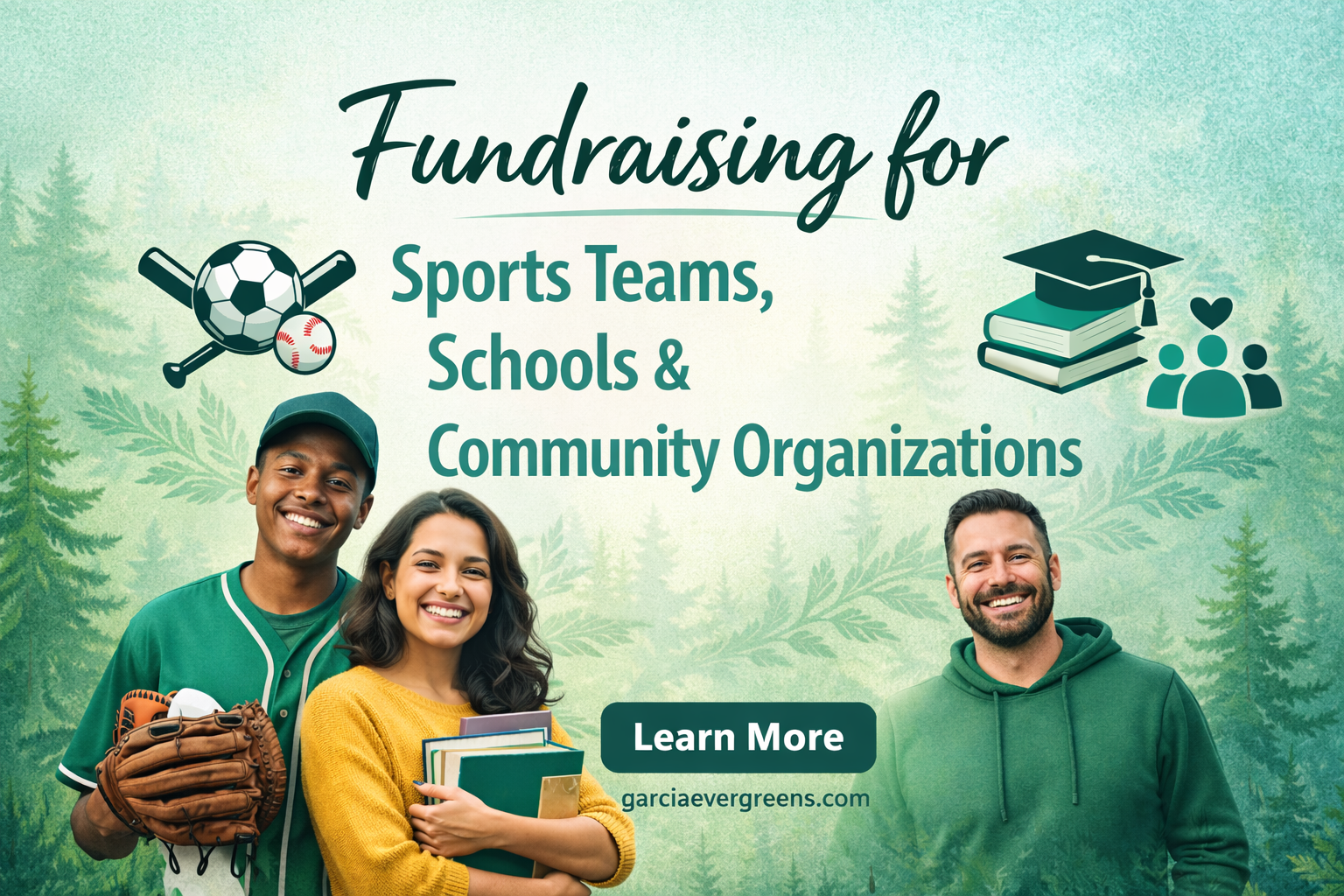Three people standing together with text about fundraising for sports teams, schools, and community organizations.