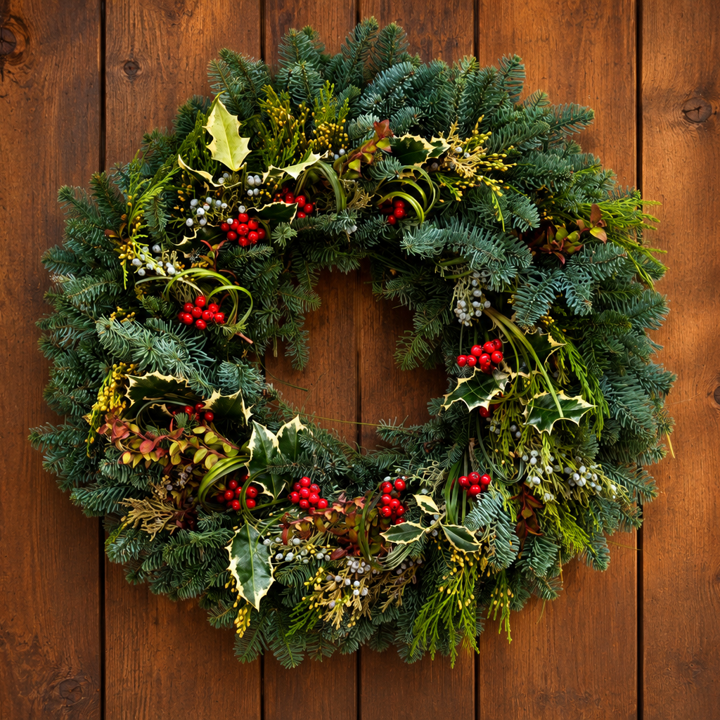 A lush green Christmas wreath decorated with red berries, holly leaves, pinecones, and gold accents, hanging on a rustic brown wooden door.