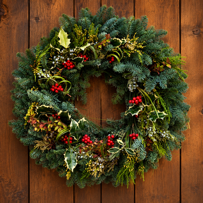 A lush green Christmas wreath decorated with red berries, holly leaves, pinecones, and gold accents, hanging on a rustic brown wooden door.